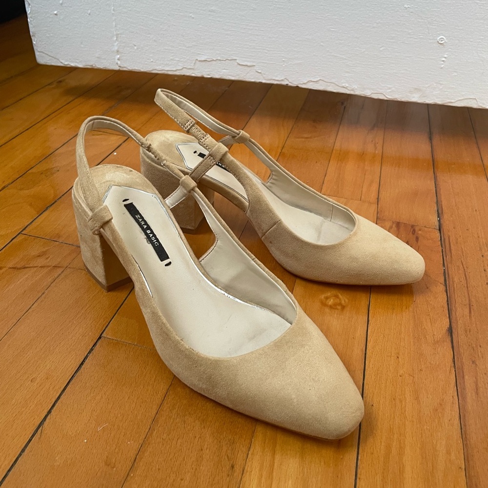 Zara Basic Natural Block Slingback Shoes Size 38